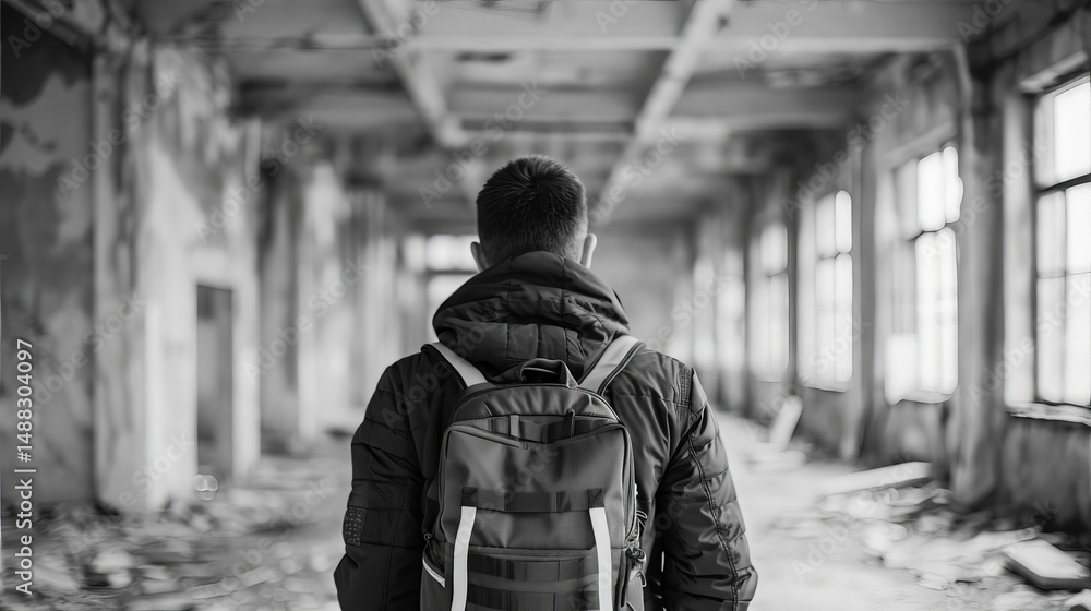 Poster man walking through a contemporary building with modern architecture and large allowing natural ligh