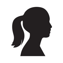 A black vector illustration shows the silhouette profile of a woman girl female , including Girl with ponytail long hair icon