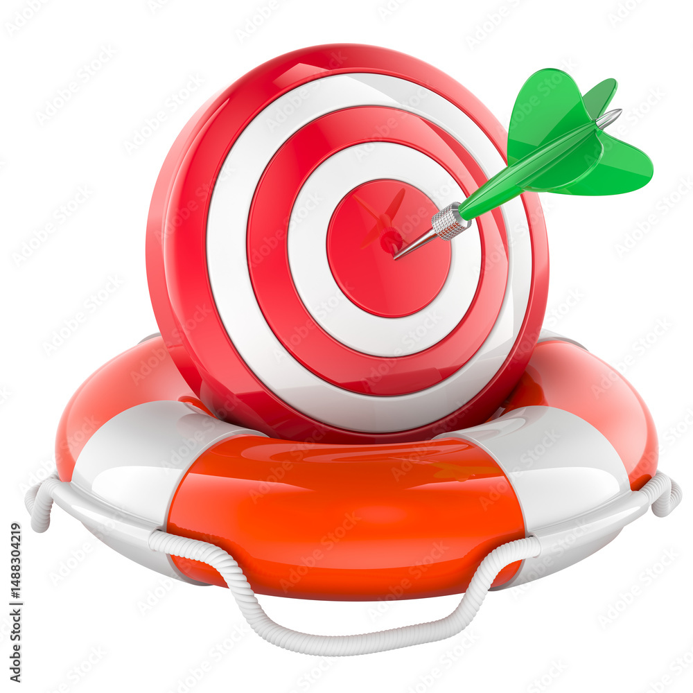 Poster target with arrows inside lifebelt, 3d rendering isolated on transparent background