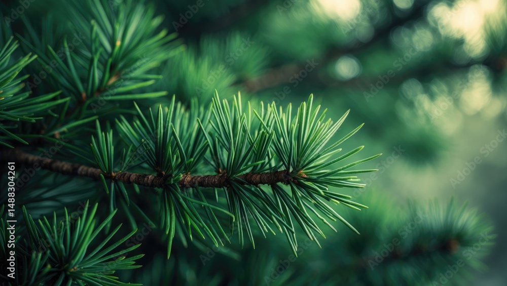 Aufkleber zoomed-in view of a fluffy fir tree branch with shallow focus