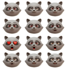 Cartoon raccoon faces with different emotions