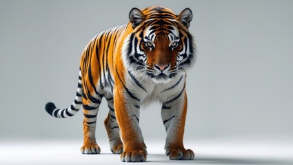Obraz premium Isolated male tiger on its hind legs, big cat, with a white backdrop