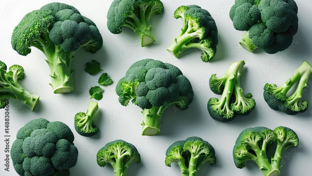 Poster flat lay design featuring broccoli on background. food and macro theme.