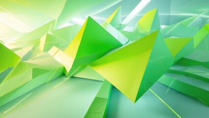 Green triangles and polygonal lines on an abstract backdrop.