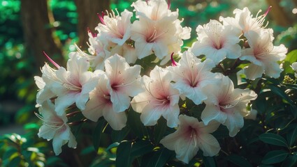 Luxuriant blooming of white azalea flowers featuring burgundy pistils and stamens in the garden.