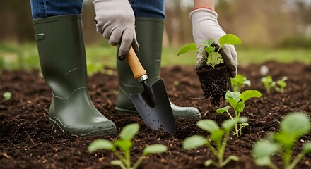 Spring Planting: Hands Planting Seedlings in Garden Soil