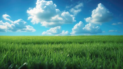 Obraz premium During summer, the grass is green and the sky is blue with white clouds.