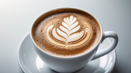 Aerial perspective of latte coffee in a white cup on a plain background.
