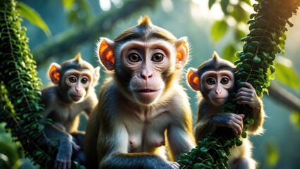 Fototapeta premium Startled monkey accompanied by two monkeys sitting behind her on the liana