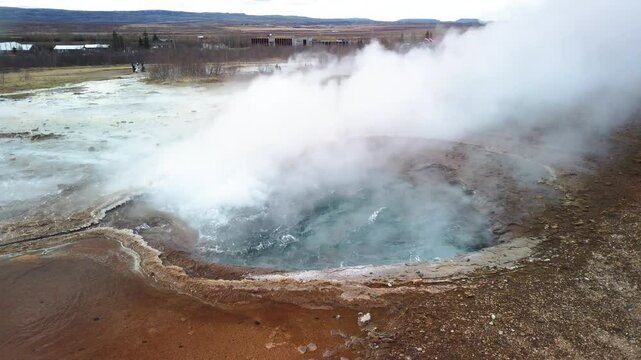 The most famous hot water geyser in Iceland, boiling and waiting to erupt. The Geysir can hurl boiling water up to 60 meters in the air