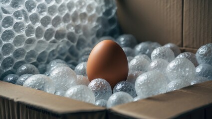 Chicken egg on bubble wrap air cushion background inside a cardboard box for safety and protection