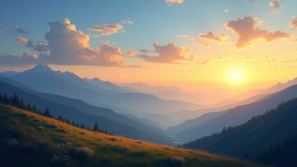 Obraz premium beautiful view of the mountains in the distance bathed in the light of the setting sun