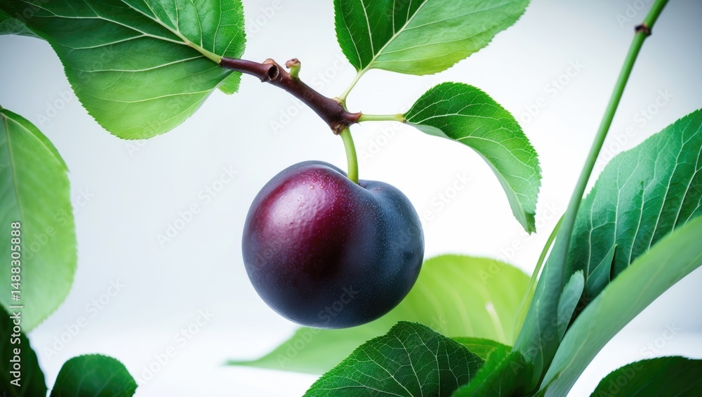 Poster isolated fresh plum fruit placed on a green leafy background with a white backdrop