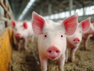 Several pigs stand in a barn with straw bedding looking at the camera.