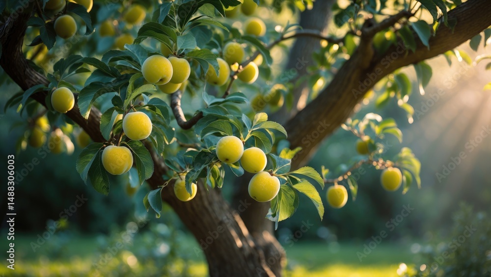 Poster tree in the garden showcasing ripe yellow fruits on its branches