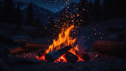 Nighttime campfire spark display in the mountains