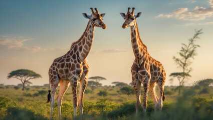 Obraz premium Savanna duo of giraffes. Wild environment.