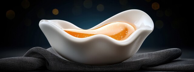 Amber Liquid in White Wave Shaped Bowl on Dark Surface