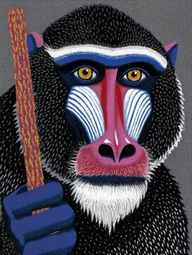Un retrato de un mandril con un palo en la mano, con colores vibrantes y un fondo texturizado.