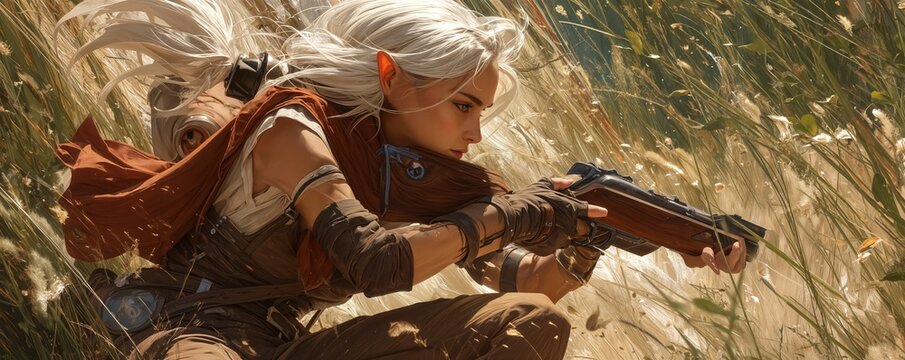 Una joven elfa con cabello blanco est&aacute; agachada en hierba alta, sosteniendo un arma. El ambiente es natural y ligeramente misterioso.