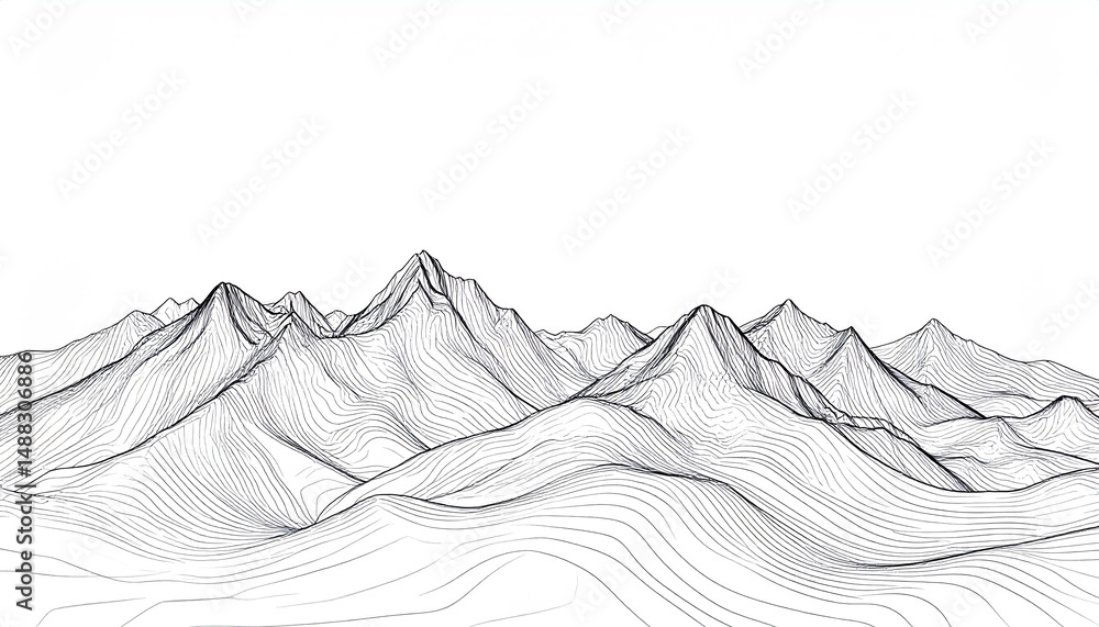 Poster a minimalist line drawing of mountains, showcasing a range of peaks and valleys in a monochrome desi