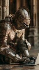 Medieval knight in full armor using a laptop while seated indoors on a stone bench.