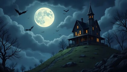 Fototapeta premium Haunted House on Hill Under Full Moon Halloween Night