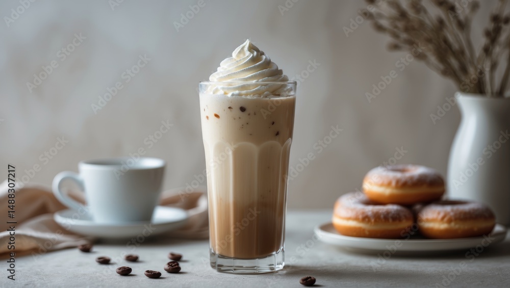 Poster refreshing glass of latte on a light-colored background