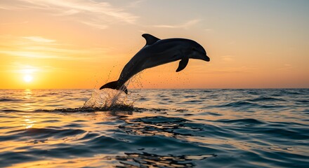 Obraz premium Dolphin jumping out of water at sunset ocean view wildlife animal aquatic mammal marine life nature scene on transparent background