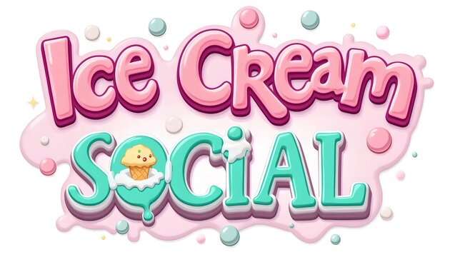 Ice Cream Social Cartoon Logo Design with Pink and Turquoise Colors
