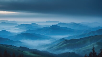 Naklejka premium Twilight Scene of Blue-Hued Mountains and Foggy Horizon