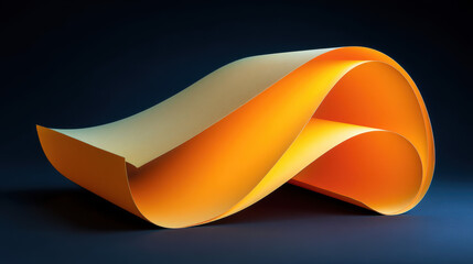 Obraz premium An abstract curled sheet of vibrant orange paper gracefully forms a flowing infinity shape against a dark blue backdrop creating a modern artistic presentation.