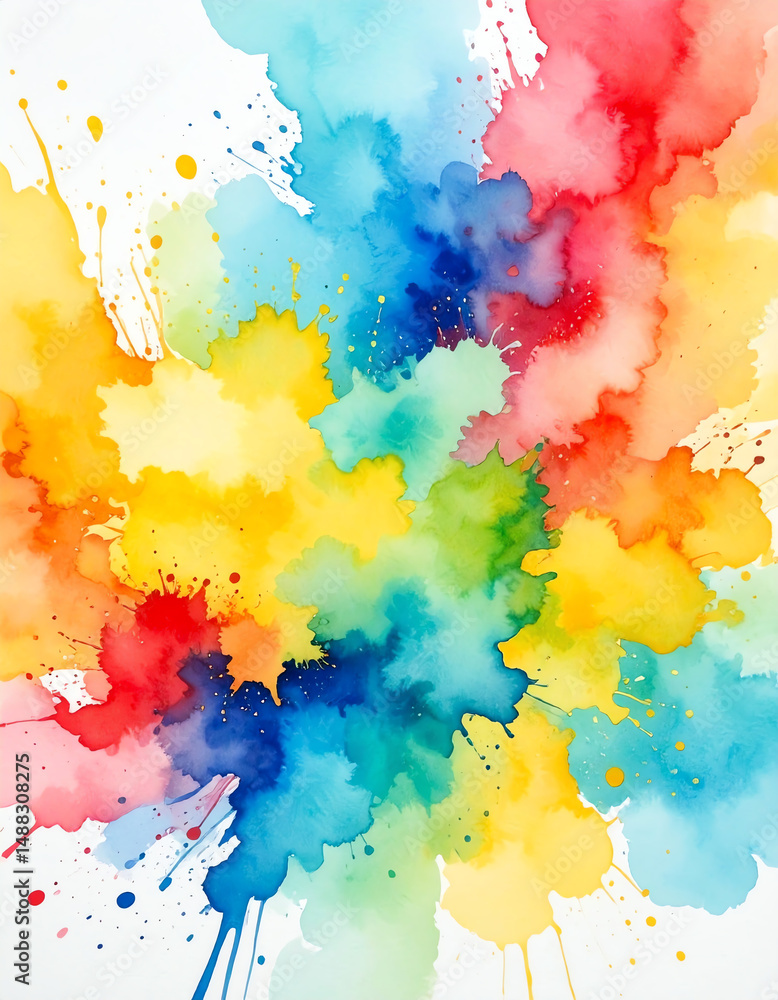 Poster vibrant watercolor splashes blend in a spectrum of colors, creating an abstract and lively artistic 