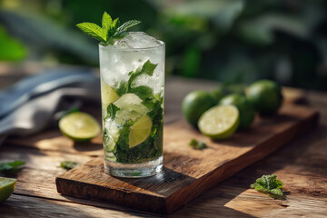 Fototapeta premium Classic mojito served in a tall glass with fresh mint, lime wedges, and ice cubes, placed on a rustic wooden table with soft natural light from the side.