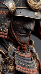 Ornate traditional samurai armor with intricate golden detailing and helmet crest.