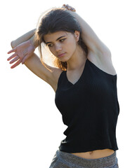 A young slim athletic girl in sportswear with snakeskin prints performs a set of exercises. Fitness...