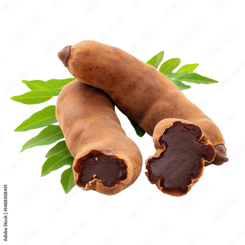 Poster fresh tamarind and leaf isolated on a transparent background showcasing natural texture and color, t