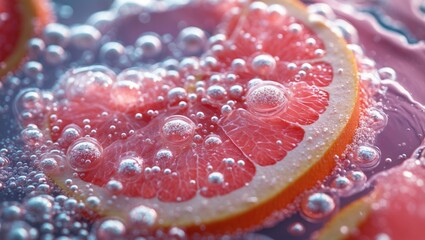 Close-up of a slice submerged in liquid with bubbles.
