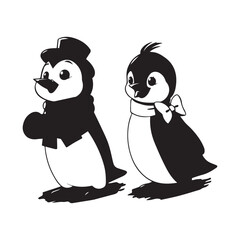 Cartoon cute funny penguin characters. Adorable birds couple, boy wear top hat and scarf and girl with bow on head. Isolated vector friendly personages bring laughter and joy with their playful antics