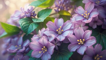 Detailed view of bright lilac blossoms at their peak. Rich petals featuring yellow cores set against abundant green foliage. Gentle greenery in the backdrop accentuates the floral charm.