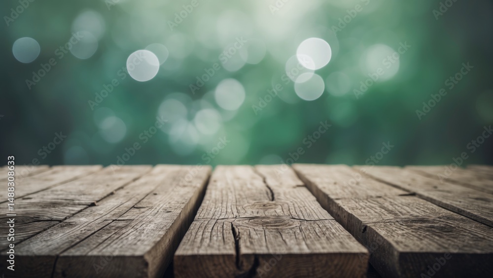 Fototapete rustic wooden surface with bokeh and green grass backdrop for product presentation