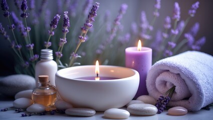Obraz na płótnie Canvas Wellness Still Life Including Aromatherapy Candle and Bath Products