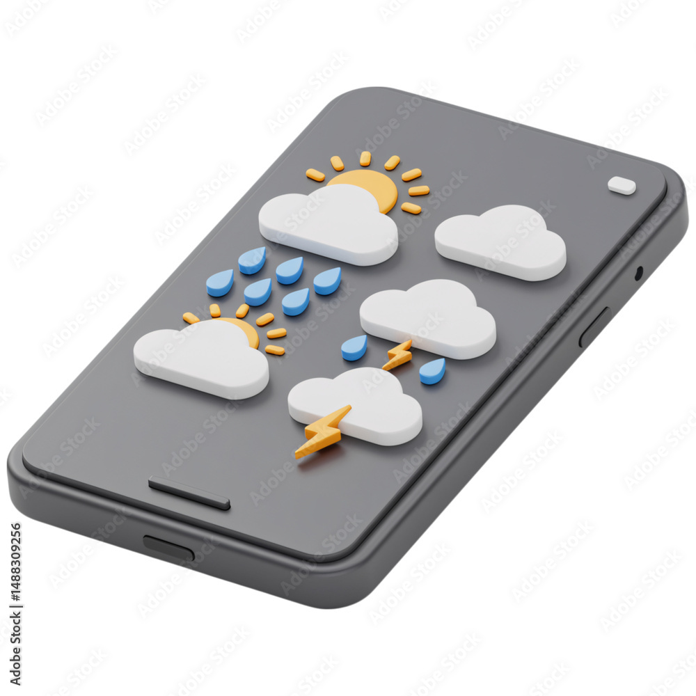 Poster weather forecast app interface on a smartphone isolated on a transparent background