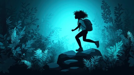 Silhouette of woman jumping over rock in teal forest