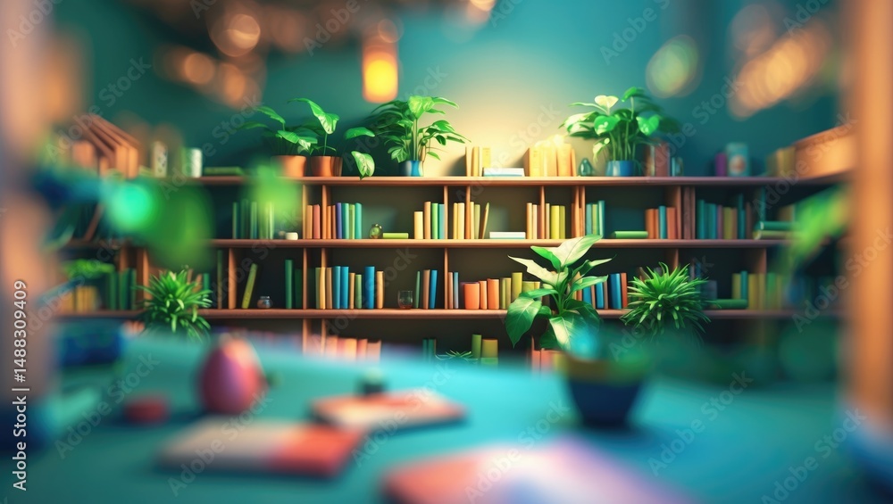 Poster out-of-focus setting of a stylishly designed minimalist bookshelf containing numerous books and vibr