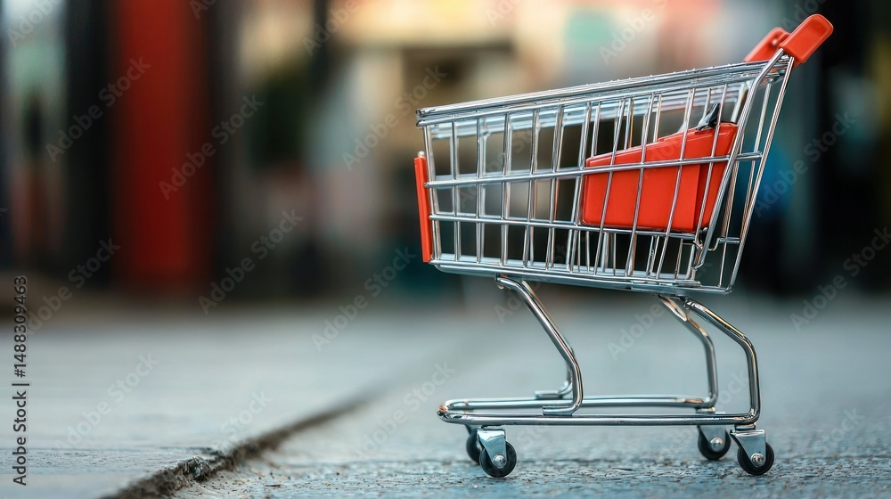 Poster a small, red shopping cart with a red handle sitting on a sidewalk in front of a blurred background.
