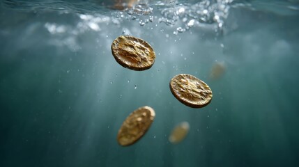 Ancient Coins Sinking Slowly Through Murky Water with Soft Light from Above