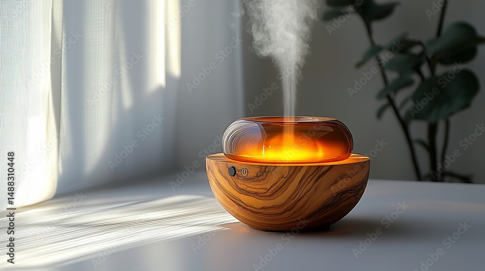 Poster diffuser on a table near a window, emitting steam