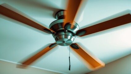 Spinning and operating ceiling fan blades. Emphasizes the main fan control and the blurred appearance of the blades.