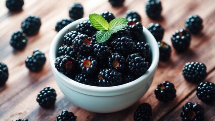 Close-up view of fresh blackberries in a white ceramic dish.